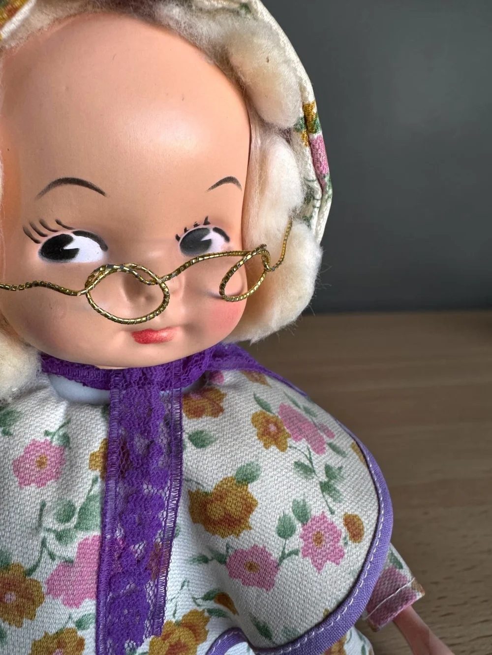 Vintage 1950s Grandma Doll with Floral Dress and Wire Glasses, Mid-Century